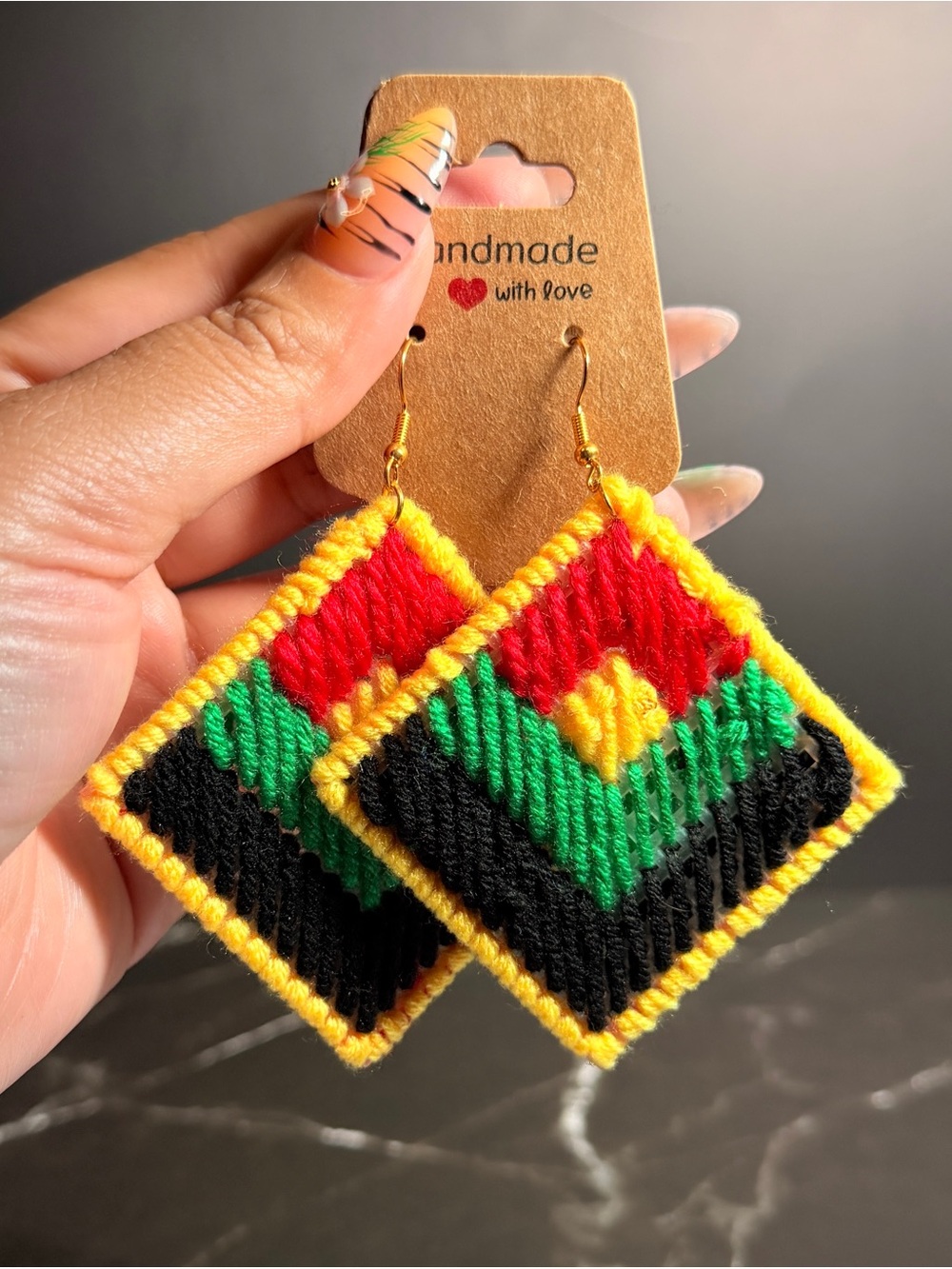 Handmade Crotchet  in Red, Green, Yellow & Black Earrings